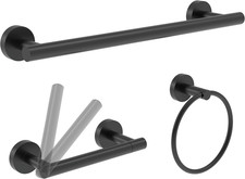 3Pc Bathroom Hardware Set with Matte Black Toilet Paper Holder, Towel Ring, Towe