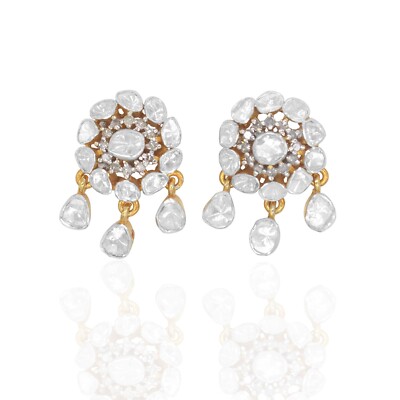 925 Sterling Silver 18k Gold Plated Natural Diamond Polki Womens Earrings Pair