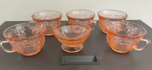 VINTAGE DEPRESSION SET OF 5 PINK SHARON / CABBAGE ROSE TEA/COFFEE CUPS & sherbet