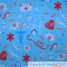 BonEful Fabric FQ Cotton Quilt Blue White Red Dr Nurse Medical RN Heart Bag Mask