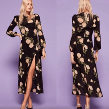 Reformation Gillian Venus Midi  Black Dress Floral Long Sleeve Size 2