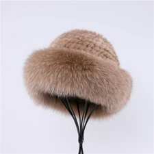 Luxury Women's Winter Warm Faux Mink Fur Knitted Bucket Hat Fox Fur Trim Caps