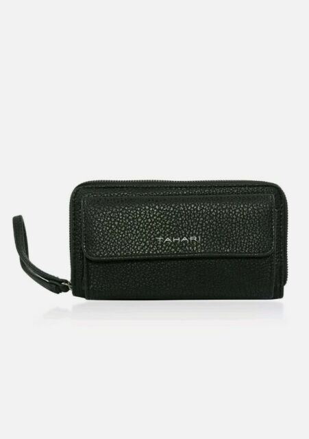 TAHARI Lichee Embossed Faux Wristlet Wallet Black Leather Front Pocket Organizer Womens Fashion Clutch Handbag