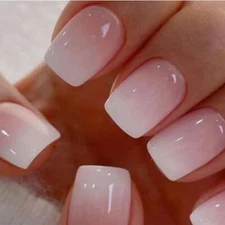 Nails Press ons,White Ombre Short Square Press on Nails Fake Nails Glossy Acryli