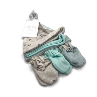 Sterling Baby Layette 6 PC Set, 3 Soft Knot Hats, 3 Pair Of Mittens Oatmeal