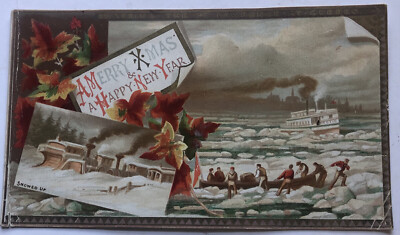 Antique Vintage Victorian  Christmas Crossing the St Lawrence at Quebec Canada
