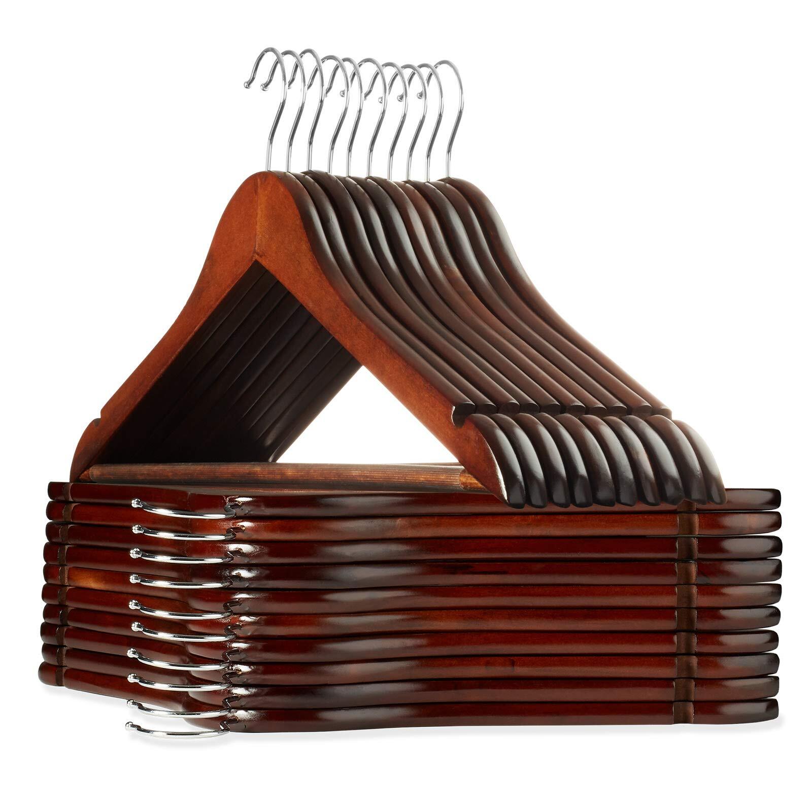 20 Premium Walnut Wood Suit Hangers with Notches & Chrome Swivel Hooks