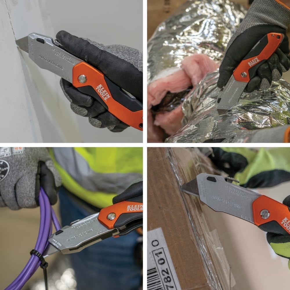 Utility Knife Auto Loading Folding Box Cutter with Three Blades and Pocket Clip