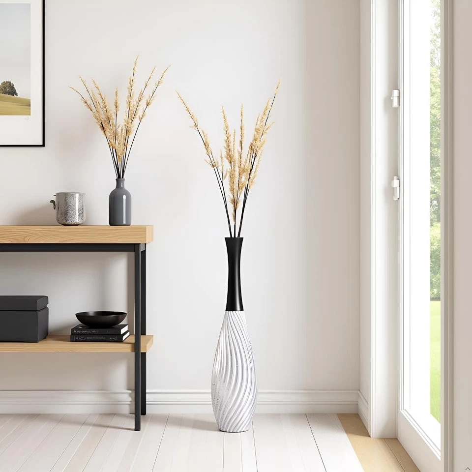 Jarrones altos plateados de 23,6" - Jarrón de piso alto lágrima cuello negro con textura V... Foto 4 de 4