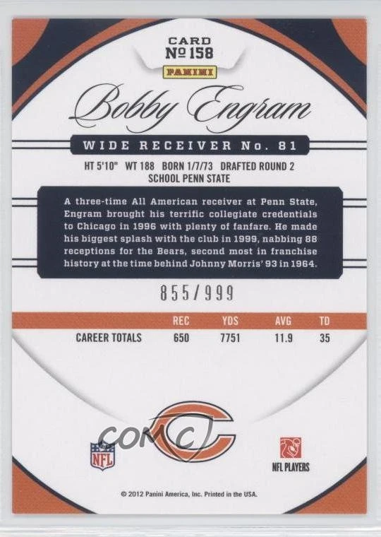 2012 Certified Immortals /999 Bobby Engram #158 - Image 2 of 2