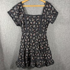 Womens Babydoll Mini Dress Black Floral Coquette Smocking Country Cowgirl SZ M