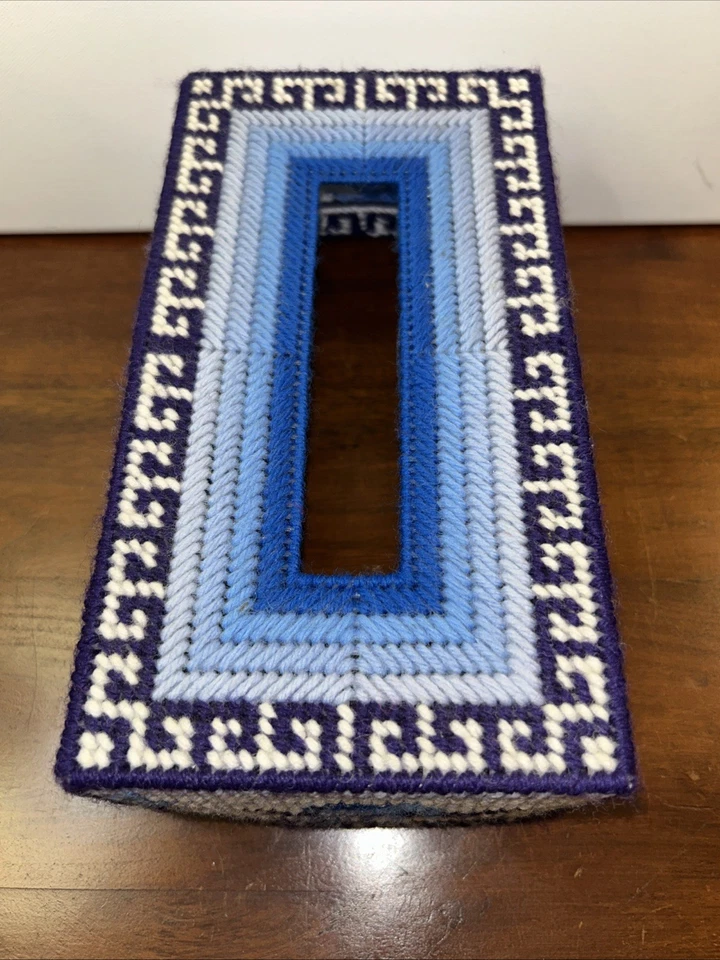 Cubierta de caja de pañuelos de colección punta de aguja hecha a mano lona de plástico rectángulo azul sauce Foto 3 de 4