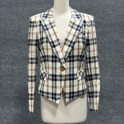 Veronica Beard Blazer Womens 8 Blue Hosanna Dickey Jacket Plaid Navy Camel Check
