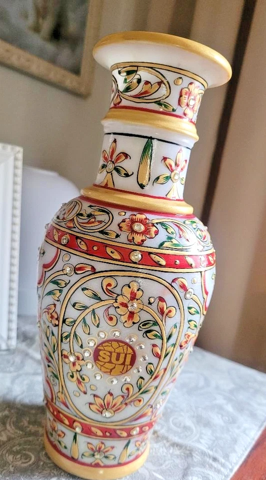 Vaso de mármore indiano pintado à mão vintage 9" com trabalho Meenakari assinado - Imagem 4 de 4