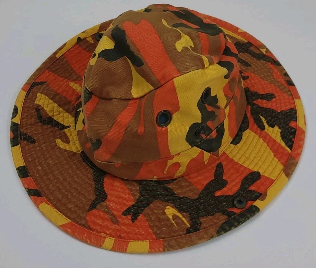 Vintage Orange Camouflage Bucket Boonie Hat M/L Fit Army Military Outdoors USA