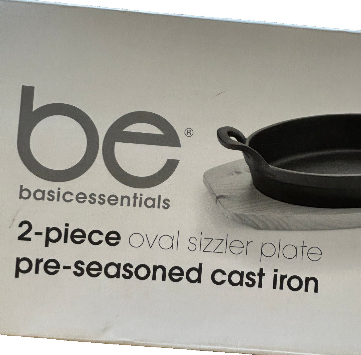 Basic Essentials 2 Piece Pre Seasoned Cast Iron Oval Sizzler Set W/ A Wood Tray thumbnail 3