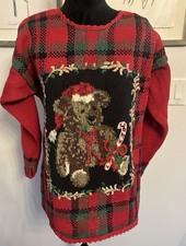 Vintage Tiara Teddy Bear Christmas Sweater Women  s Large Red Plaid 90s Flawed 