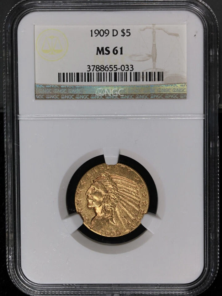 1909-D Indian Gold $5 NGC MS61 Decent Eye Appeal Nice Strike - Image 3 of 4