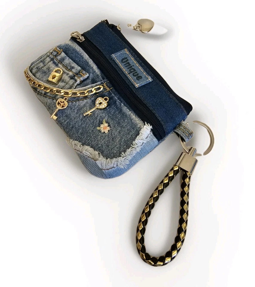 Único Jeans Hecho a Mano Denim Doble Cremallera Monedero Muñequera Portatarjetas Amor Foto 2 de 4