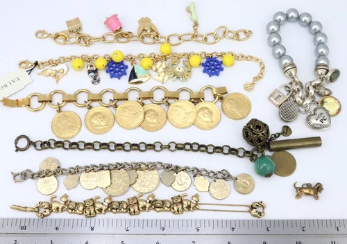 Vintage + Costume Charm Chain Bracelet Jewelry Lot Coins Heart Gold Silver Tones