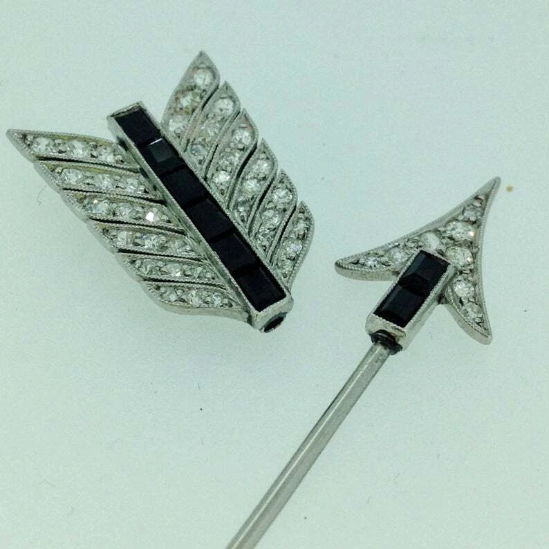 1930's Art Deco Shiny White CZ & Black Sqaure Onyx Jabot Lapel Pin In 925 Silver - Image 3 of 4