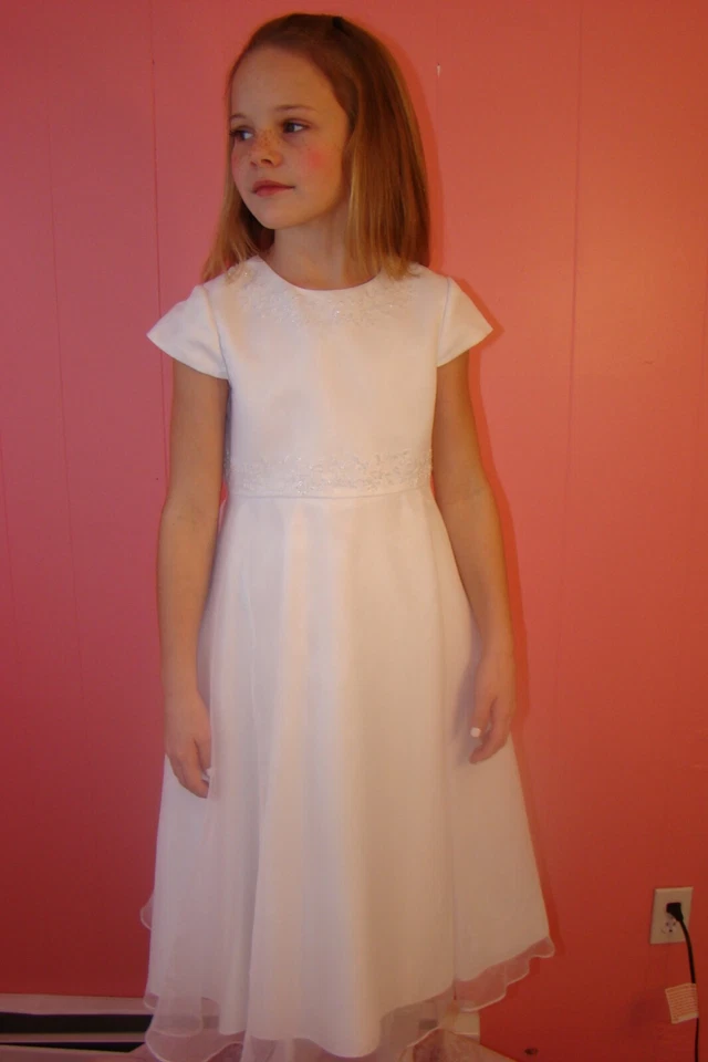 Vestido Primera Comunión US Angels Estilo #239 Talla 6X Blanco Satinado Organza S/S Foto 3 de 4