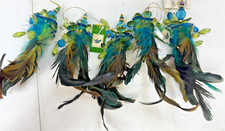 Green Feather Decorative Birds with Green  Blue Tinsel Tails 6 