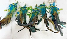Green Feather Decorative Birds with Green & Blue Tinsel Tails (6)