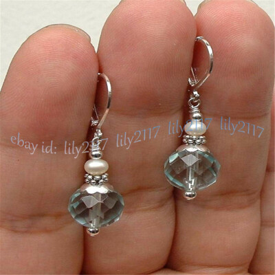 5x8mm Faceted Clear Crystal Quartz White Shell Pearl Silver Leverback Earrings