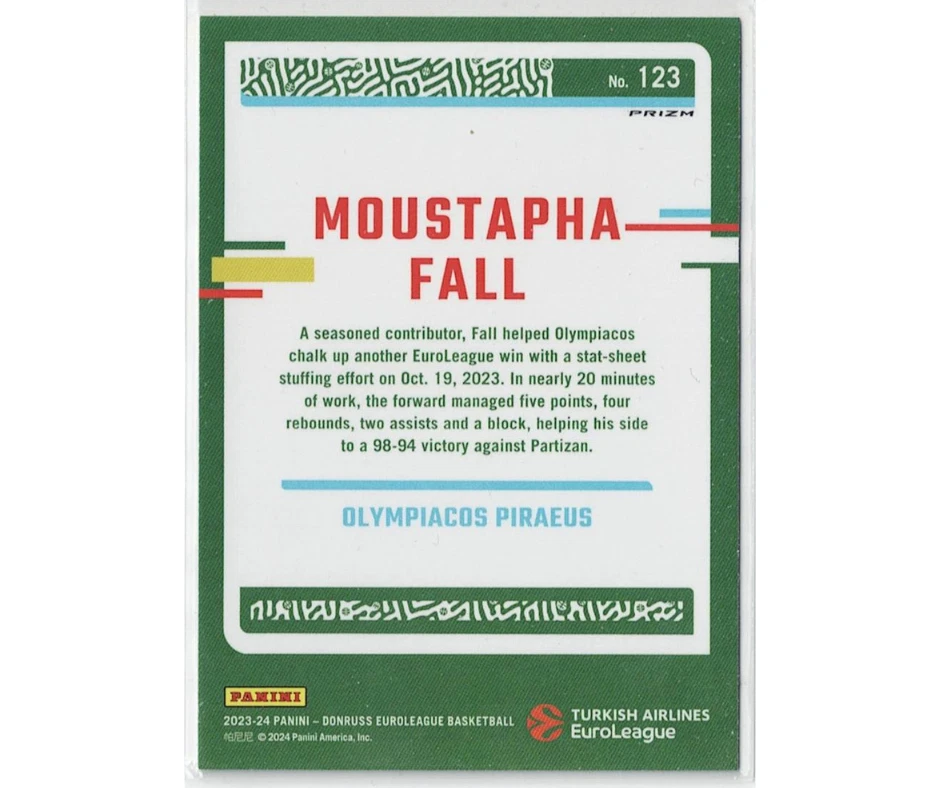 2023-24 Panini Donruss EuroLeague Silver Holo #123 Moustapha Fall Olympiacos - Image 2 of 2