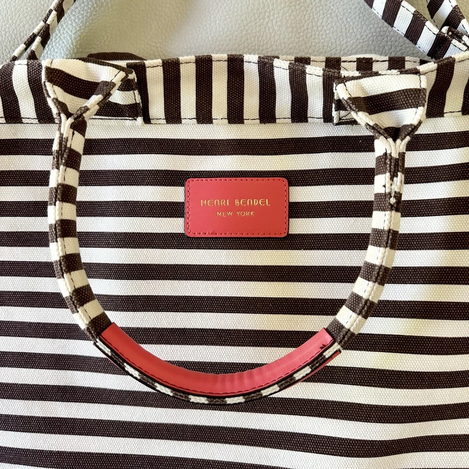 Henri Bendel New York Canvas Magazine Tote Bag Centennial Stripe Brown White - Image 2 of 4