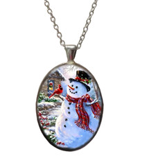 Christmas Snowman oval Pendant Necklace - New