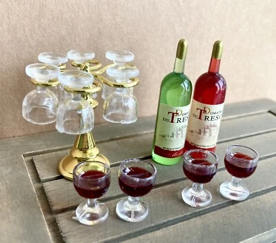 USAMINIATURE 13pcs Set Dollhouse Miniature Red Wine Bottles resin Cups Metal Rack Set Decor