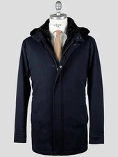 Barba Napoli Dark Blue Virgin Wool Cashmere with Lapin Fur Overcoat Man