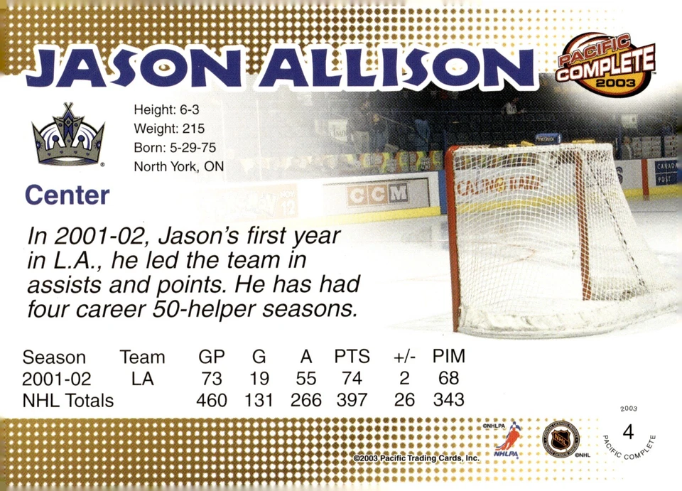 Jason Allison - Signed 2002-03 Pacific Complete Card #4 - Image 2 of 2