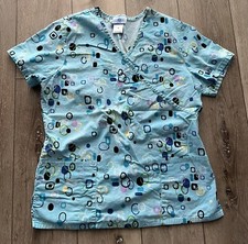 Blue geometric v-neck SB Scrubs 3 pockets uniform top dental medical nurse vet M