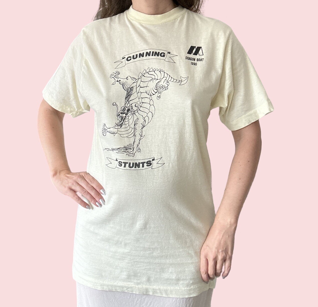 FILA T shirt punto singolo stampata canottaggio drago novità primi anni 90 vintage