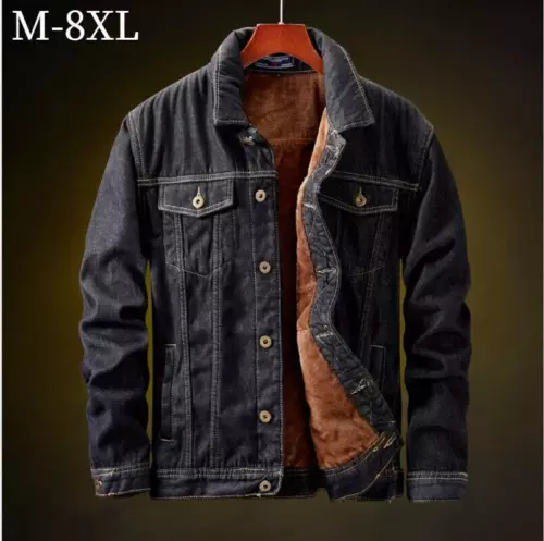 Denim Jacket Sherpa Fleece Lined Button Up Jean Coat Trucker Warm Winter Mens - Picture 3 of 9