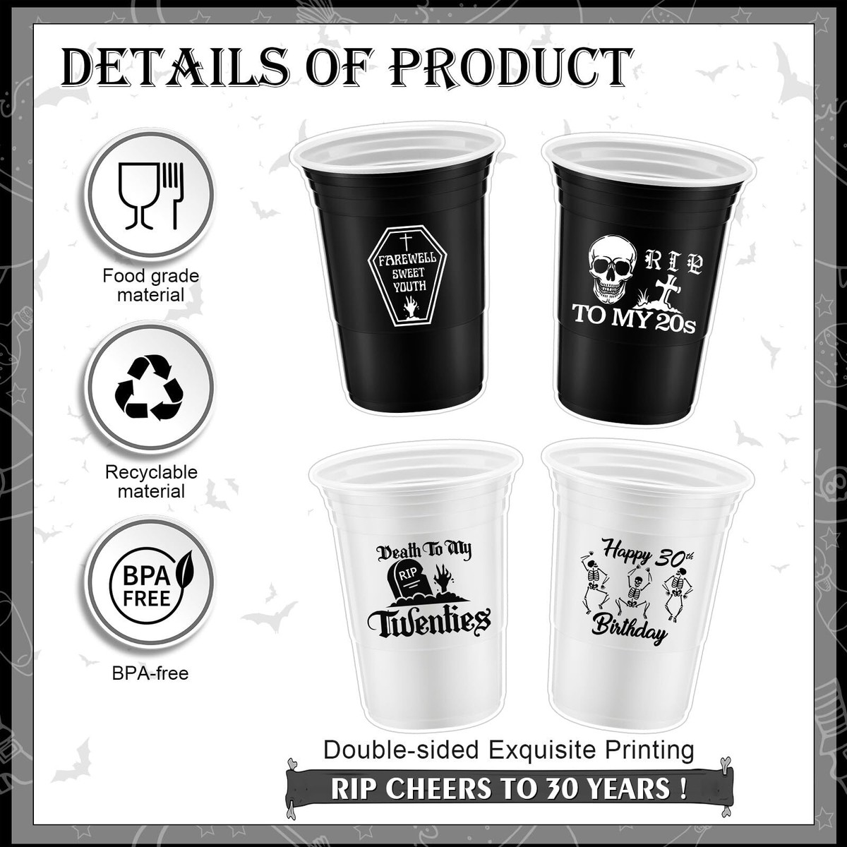 48 Stück „Death To My 20s“ Plastikbecher – 473 Ml, Schwarz/weiß Für 30. Geburtstagsparty