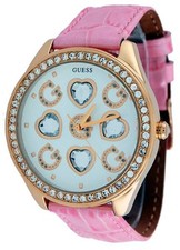 NEW GUESS WOMEN'S WATCH PINK CROC LEATHER w GOLD TONE HEARTS+CRYSTALS-U10035L2