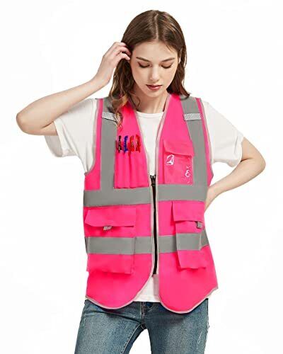 VICRR High Visibility Safety Vest with Reflective Strips, 9 Pockets Zipper Front