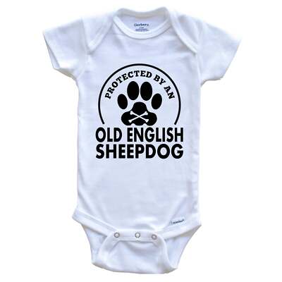 Protected By An Old English Sheepdog Funny Dog One Piece Baby Bodysuit