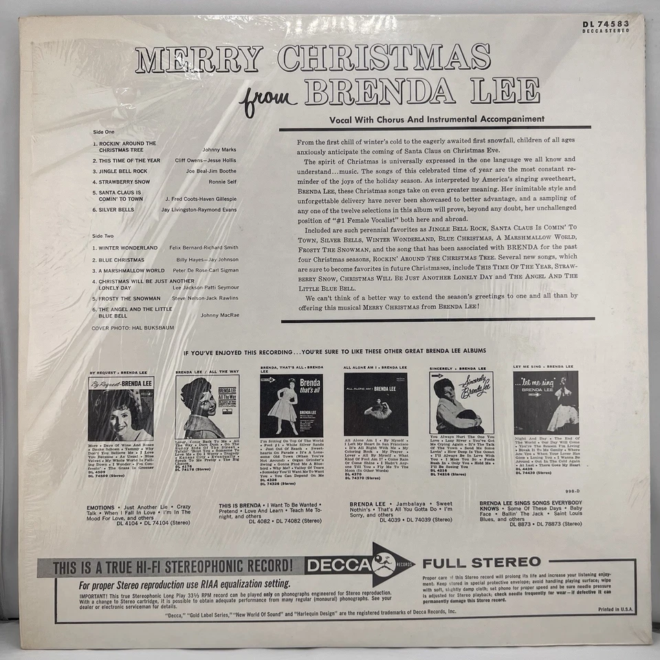 1967 Merry Christmas From Brenda Lee Rock & Roll Holiday LP Vinyl Decca Record - Image 2 of 4