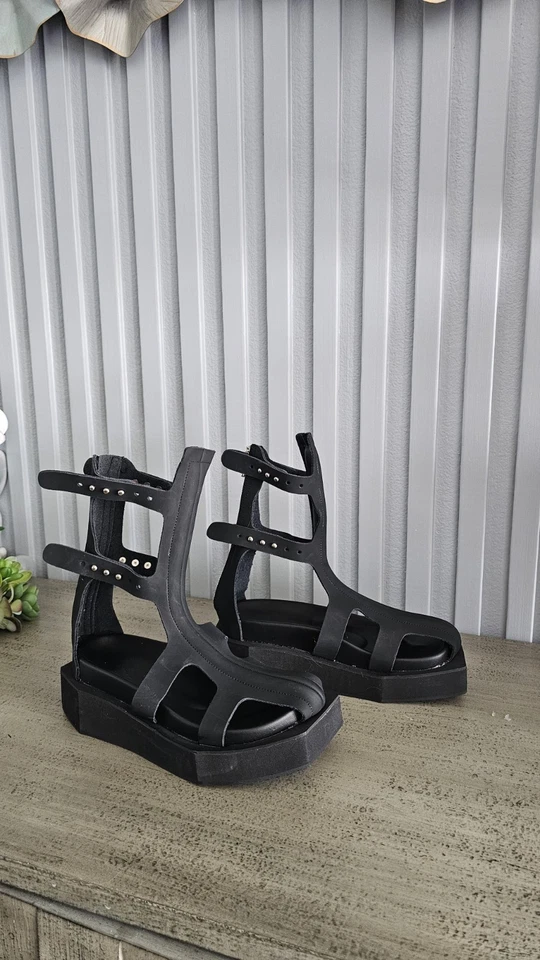 Black Platform Gladiator Sandals ,Cutout Design , Vegan Leather, Size 8.5 - Image 2 of 4