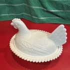Indiana Milk Glass Hen on Nest Beaded Edge Covered Dish White Vintage Chicks