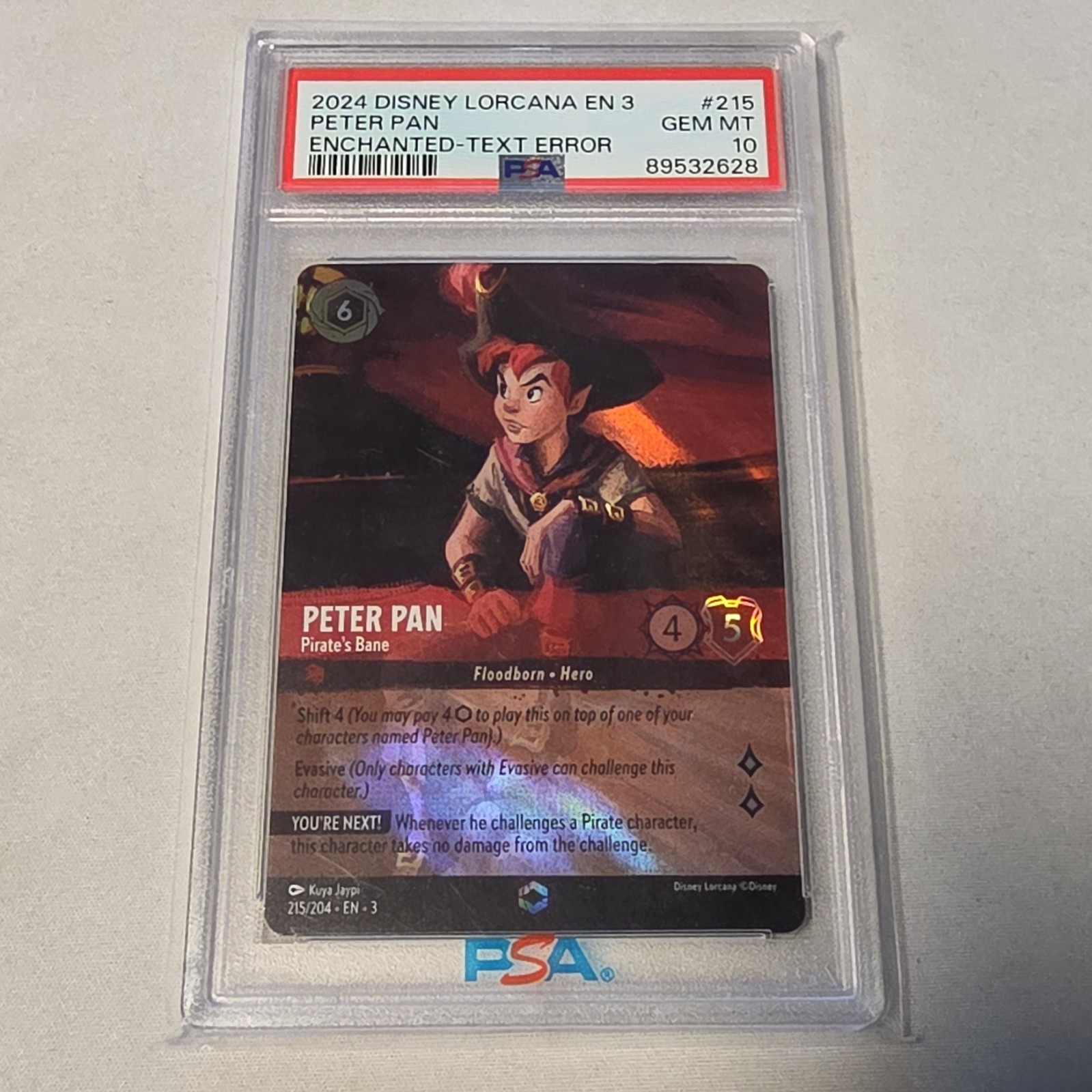 Disney Lorcana Peter Pan - Pirate's Bane Enchanted Foil Text Error #215 PSA 10