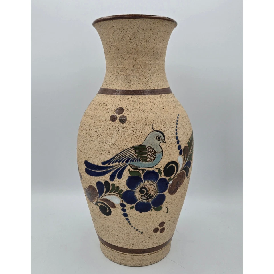 Mexican Pottery Vases Set Hand Painted Bird Floral Tan Brown Home Decor - Image 2 of 4