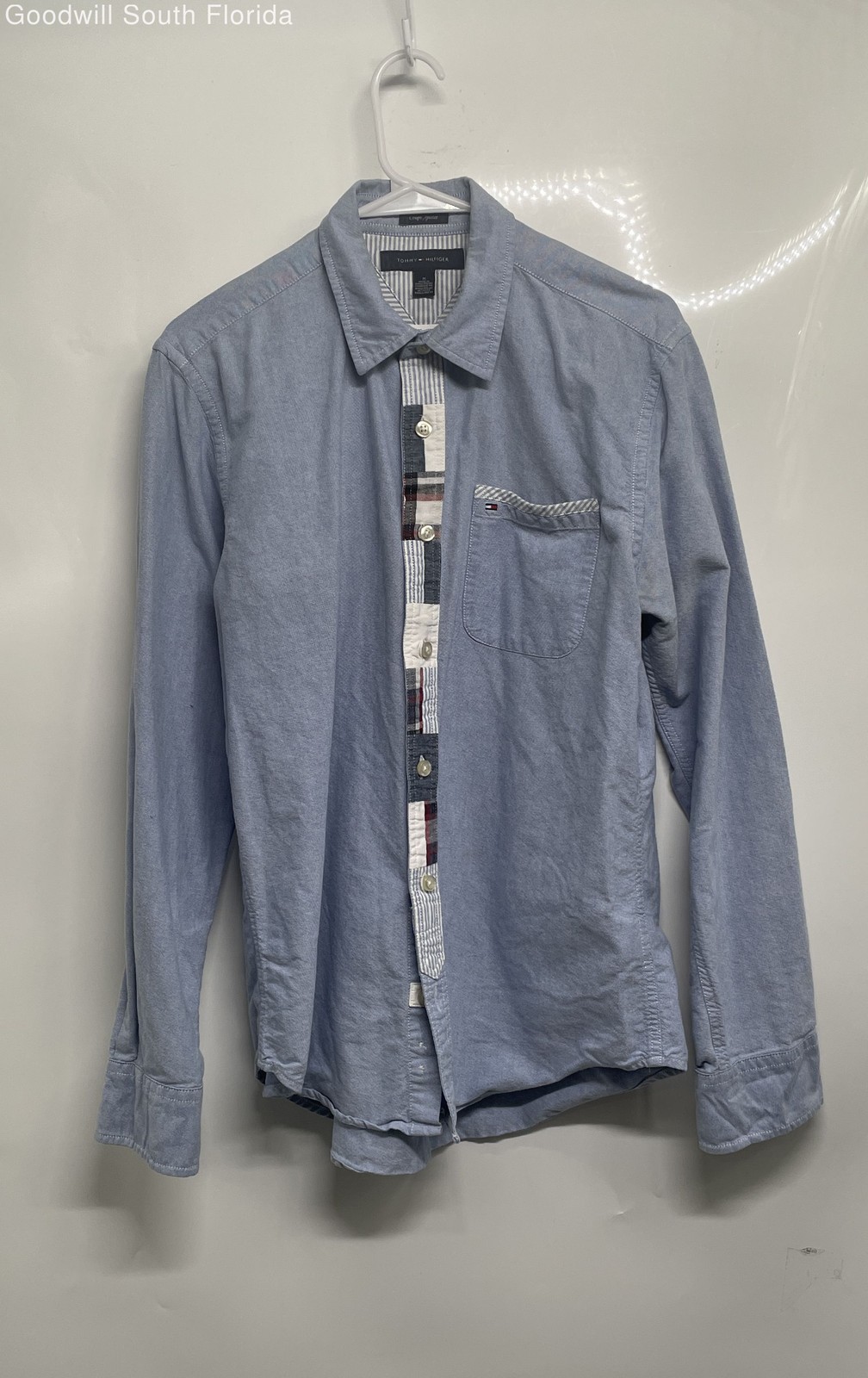 Tommy Hilfiger Mens Blue Cotton Collared Long Sleeve Button-Up Shirt Size Medium