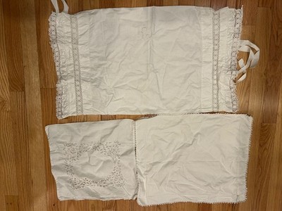 4 Antique white linen pillowcase 4 sizes 2 raised monogram shell buttons lace