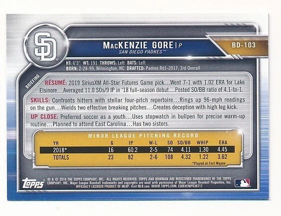 MACKENZIE GORE 2019 BOWMAN SKY BLUE #BD-103 SP BASEBALL #301/499 MINT - Image 2 of 2